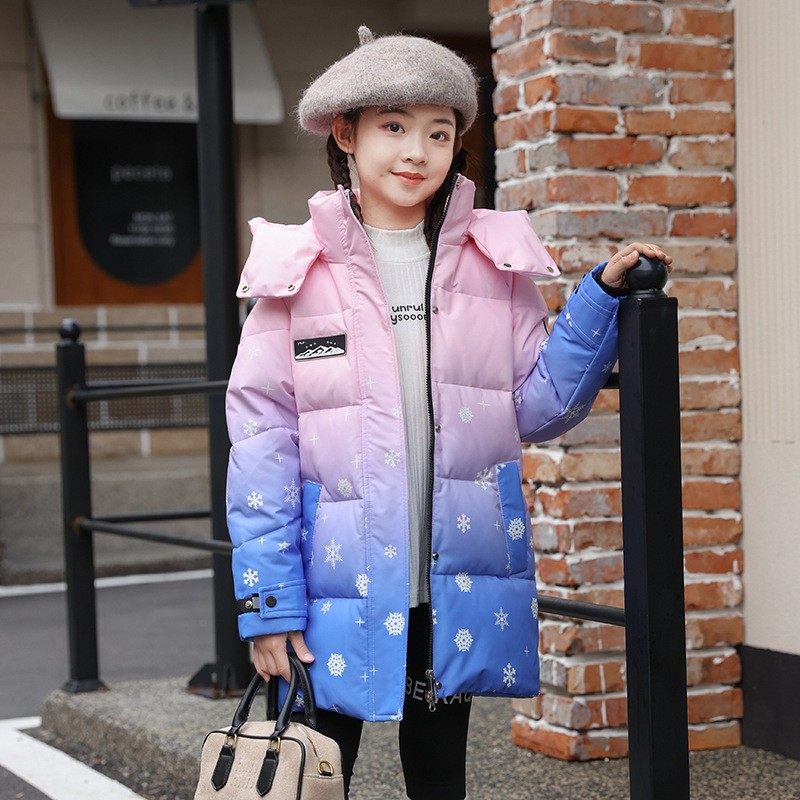 女童中长款渐变色羽绒服冬季女大童洋气白鸭绒棉袄子时髦公主外套
