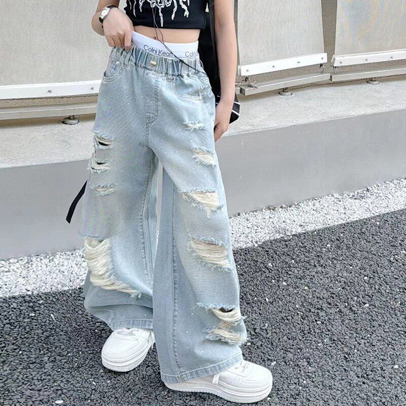 女童个性破洞牛仔裤2026新款长裤