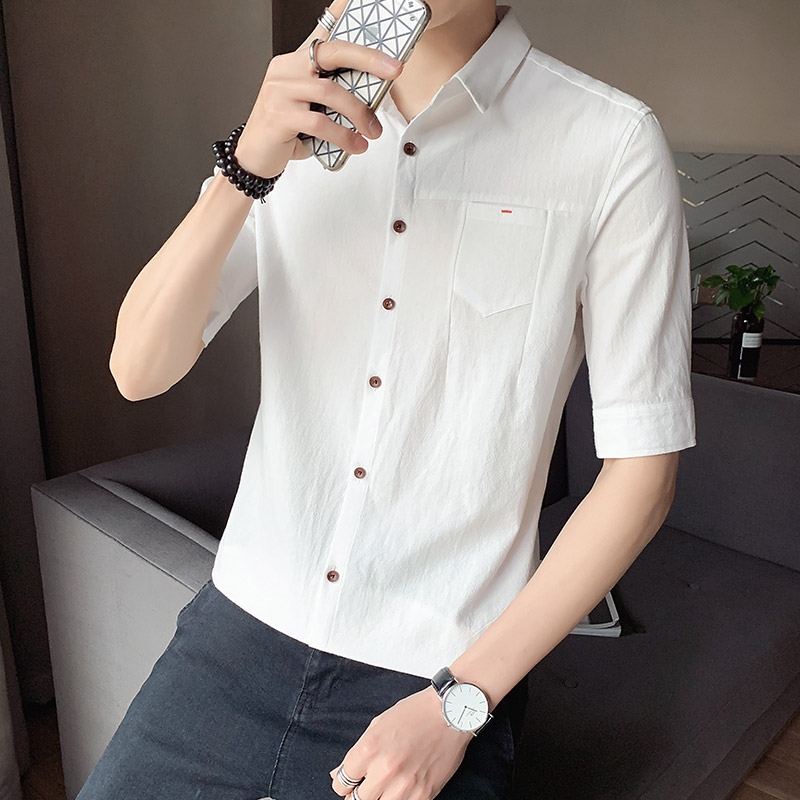 纯棉短袖衬衫男夏季薄款七分袖衬衣青年百搭修身五分中袖棉麻寸衫