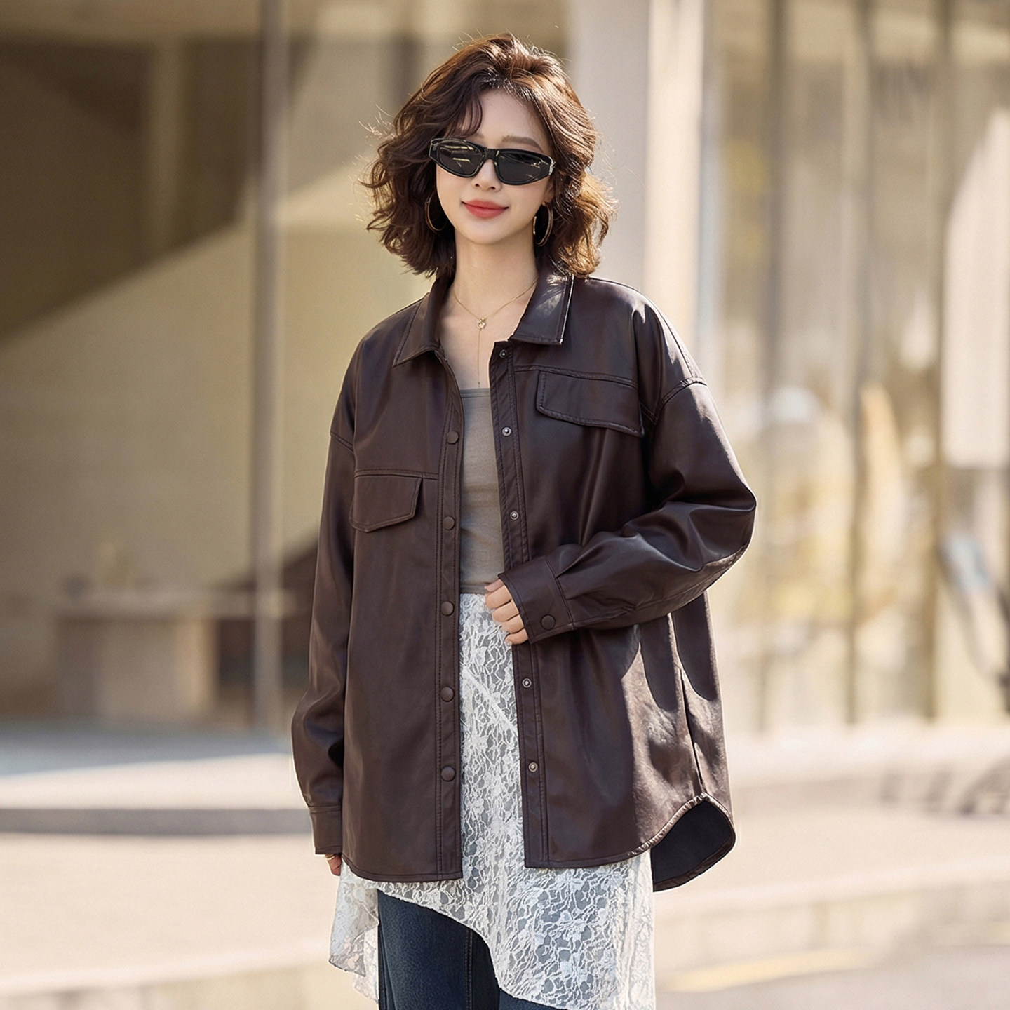 衬衫式海宁皮衣外套女中长款2026春秋新款宽松显瘦休闲夹克上衣,女装/女士精品,皮衣,淘宝优惠券,粉丝福利购,淘宝优惠卷