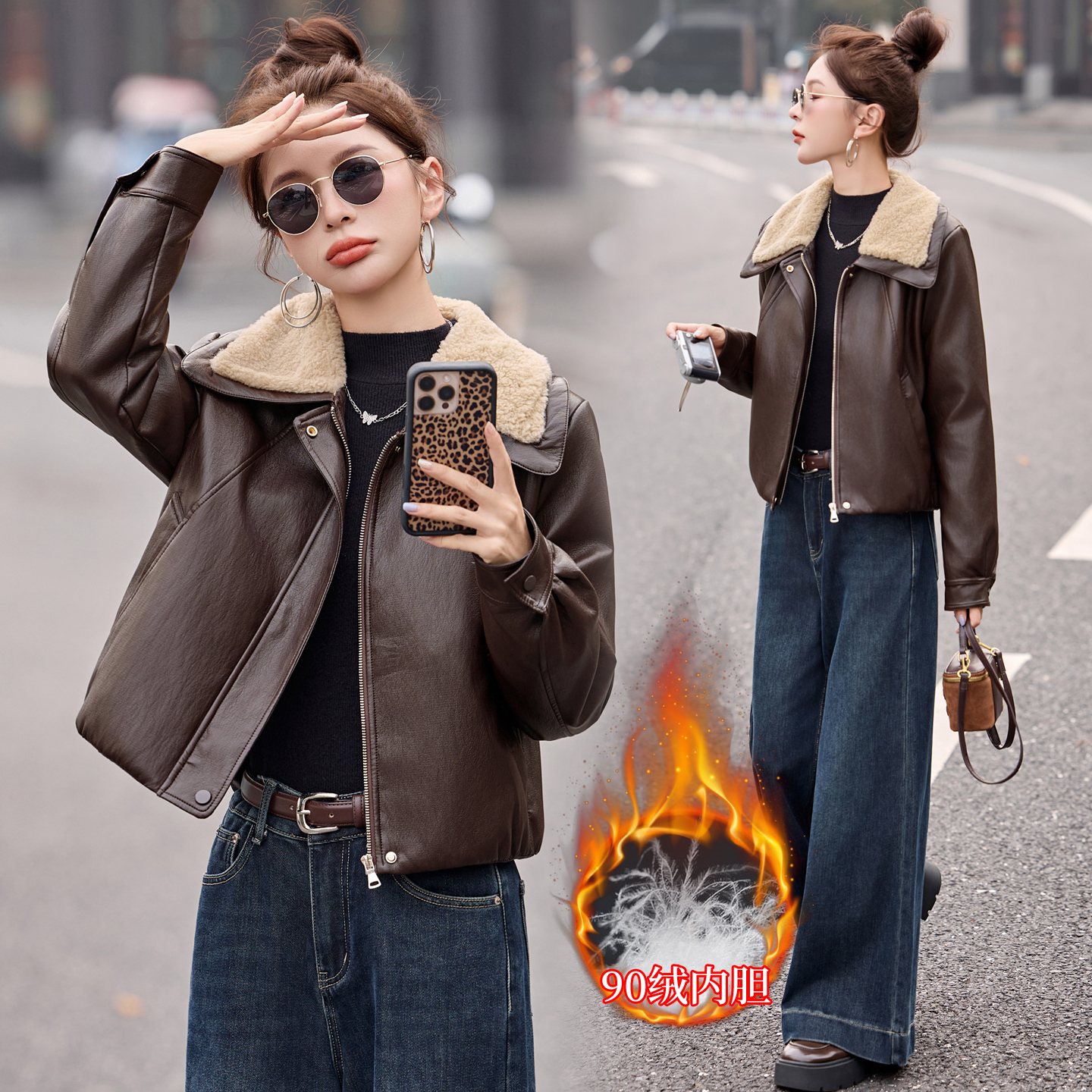 咖色短款仿羊羔毛大翻领PU羽绒服女冬季2025新款巴恩风机车服外套