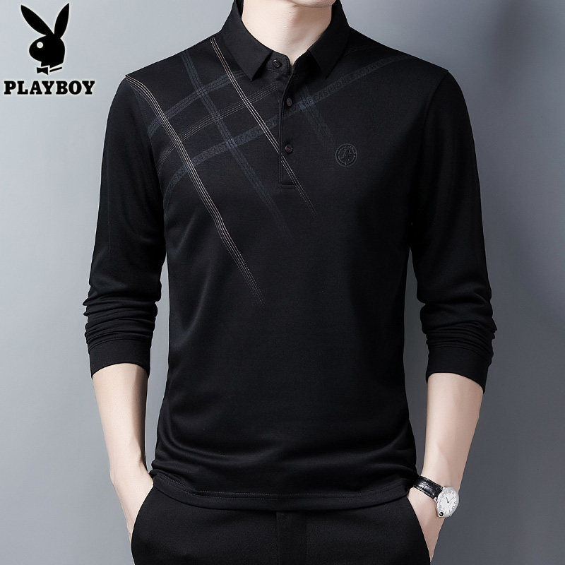 花花公子长袖t恤男中年商务休闲翻领POLO衫爸爸秋季男装打底衫潮T