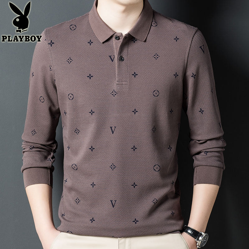 花花公子长袖T恤男士翻领Polo衫休闲潮流印花打底衫上衣新款秋装