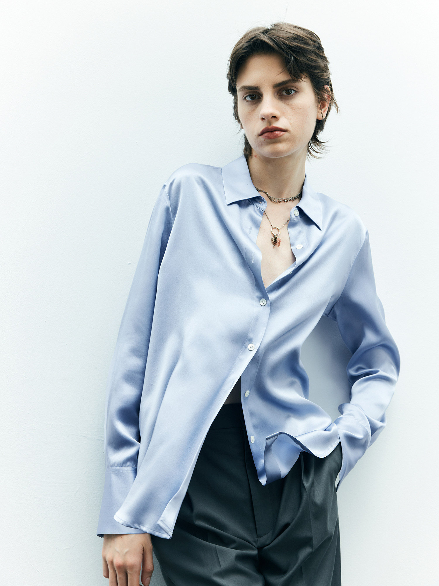 CHYAN CHANYAN HEAVY SATIN PREMIUM MULBERRY SILK SHIRT LOOSE LONG SLEEVE BASIC SILK SHIRT TOP