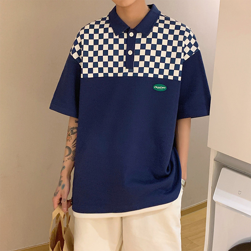 D321PL605P45男士棋盘格短袖polo衫男夏季宽松休闲翻领上衣,男装Polo衫,电商D321A