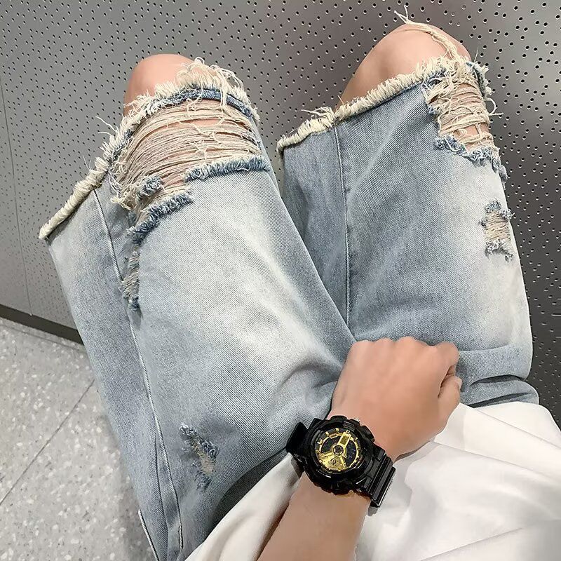 夏季做旧水洗破洞牛仔短款男痞帅休闲宽松五分裤-DK43-50