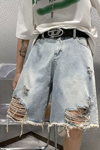 夏季做旧水洗破洞牛仔短款男痞帅休闲宽松五分裤-DK43-50图片