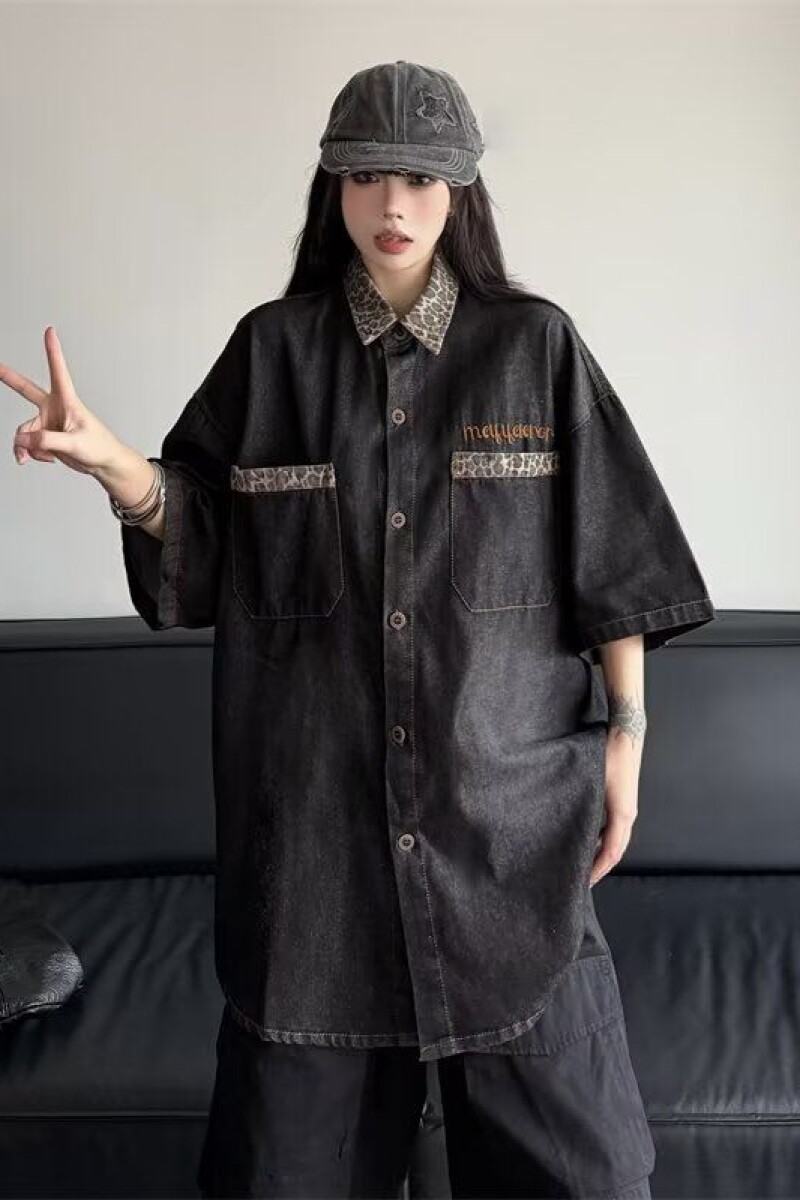 短袖牛仔衬衫小众设计美式豹纹拼接牛仔短袖T1275-P58,男装衬衫,电商D321