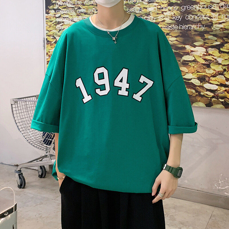 夏季新款超火ins休闲男士潮流纯棉短袖五分袖T恤D321  T65 P35图片