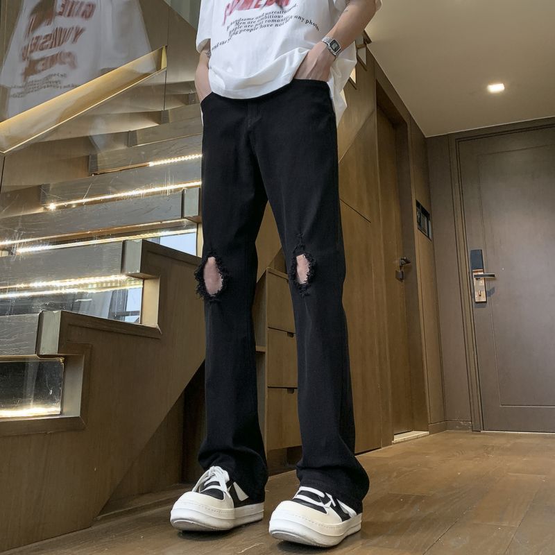 黑色显瘦微喇破洞牛仔裤男女美式vibe风-NK988-P55,男装牛仔裤,电商D321A