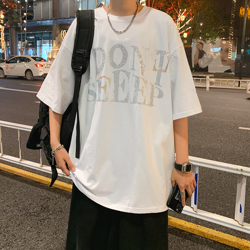 夏季短袖T恤男士港风宽松大码烫钻休闲潮流五分半袖T051 P25 控38图片