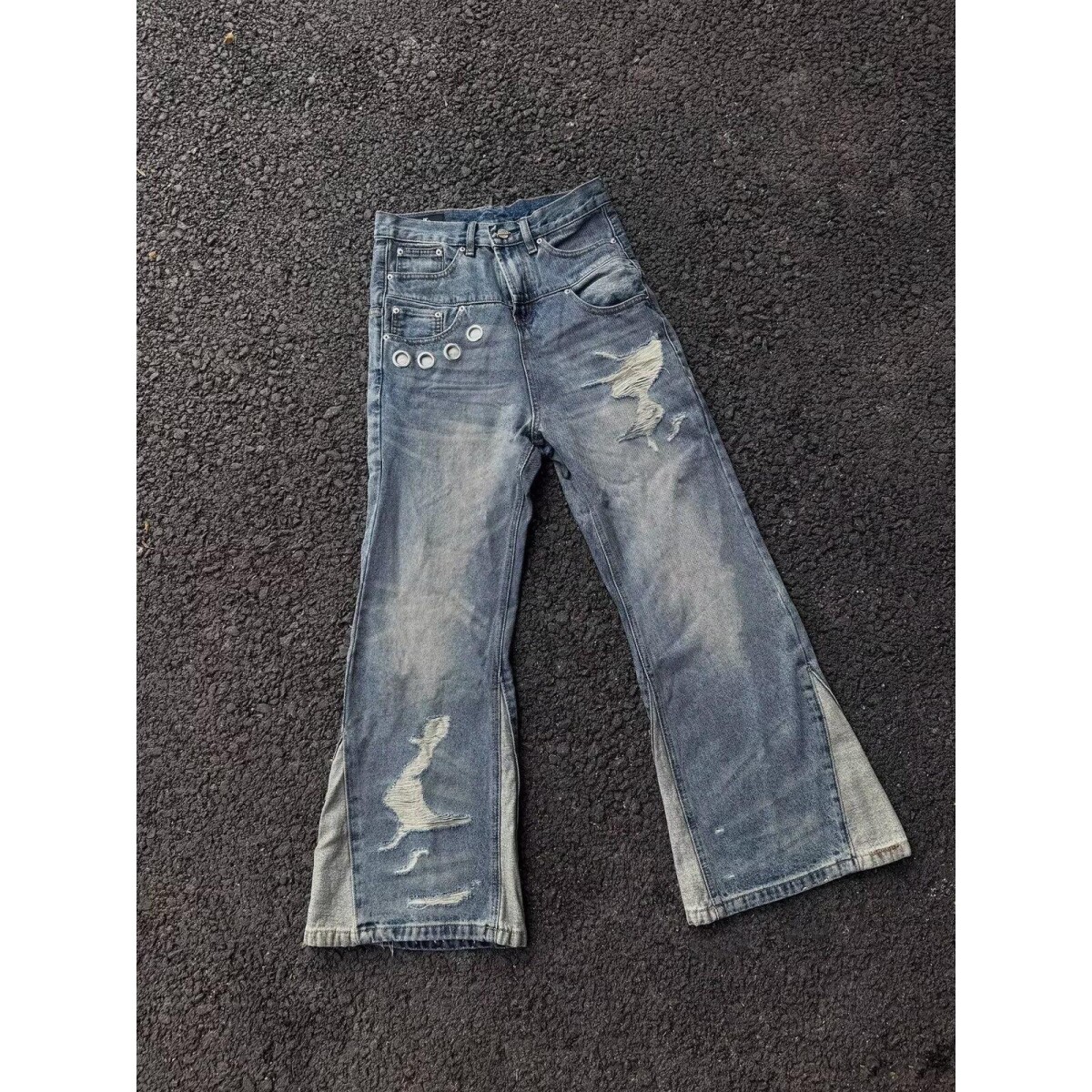 美式街头刀割环扣破洞微喇牛仔裤男女宽松长裤潮N2535-P58,男装牛仔裤,电商D321