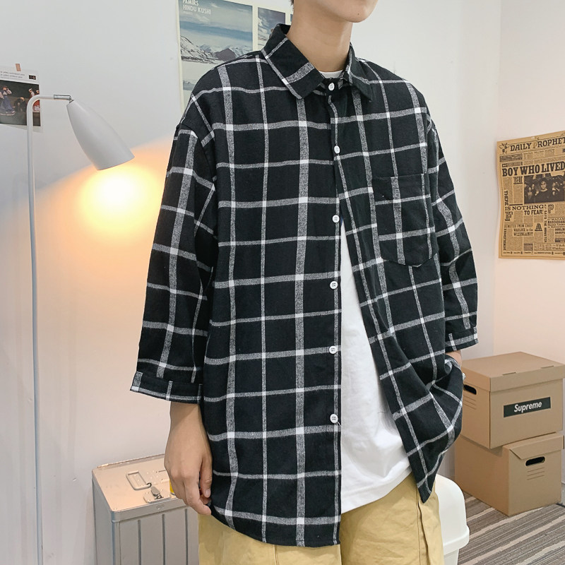 夏季日系原宿格子短袖衬衫男港风宽松半袖上衣CS01-P35,男装衬衫,电商D321A