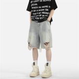 D321-DK43P50破洞男生百搭夏季撞色牛仔短裤高街.，男装牛仔裤，电商D321A
