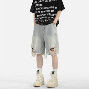 D321-DK43 P50 破洞男生百搭夏季撞色牛仔短裤高街.图片