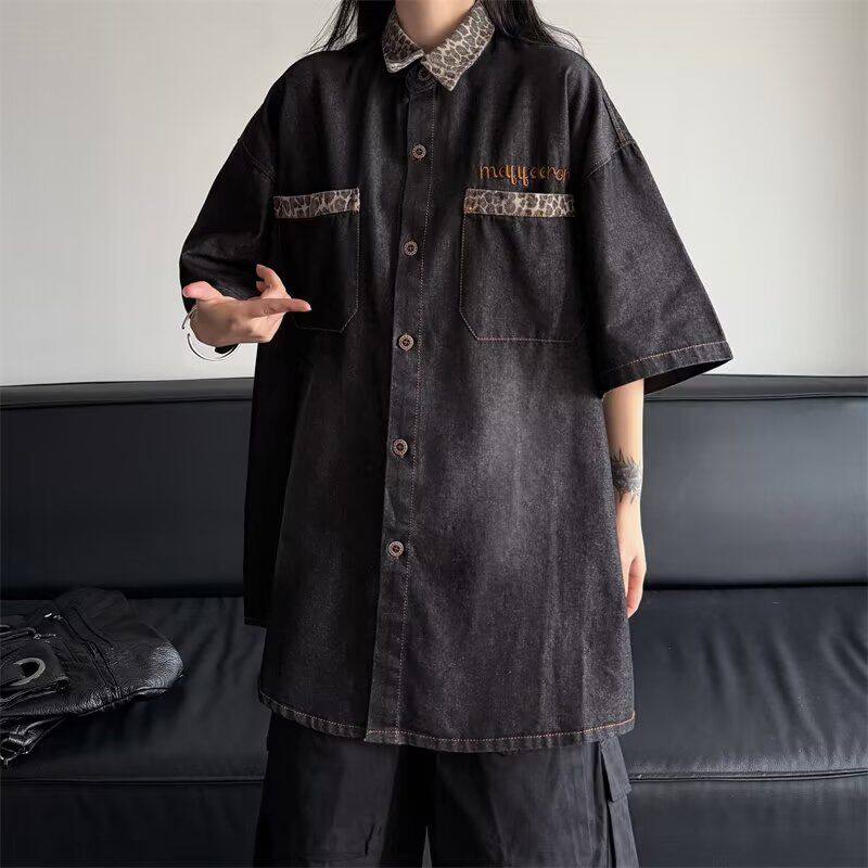 短袖牛仔衬衫小众设计美式豹纹拼接牛仔短袖T1275-P58,男装衬衫,电商D321
