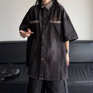 短袖牛仔衬衫小众设计美式豹纹拼接牛仔短袖T1275-P58图片