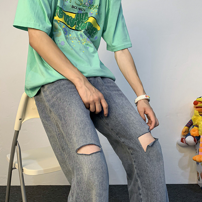 2022夏季破洞牛仔裤宽松直筒九分裤男K1601P50控68,男装牛仔裤,电商D321A