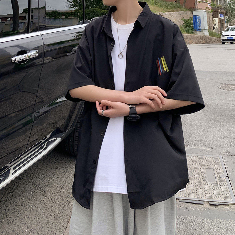痞帅衬衫中性短袖韩版宽松外套港风ins日系复古百搭衬衣CS13P35，男装衬衫，电商D321A