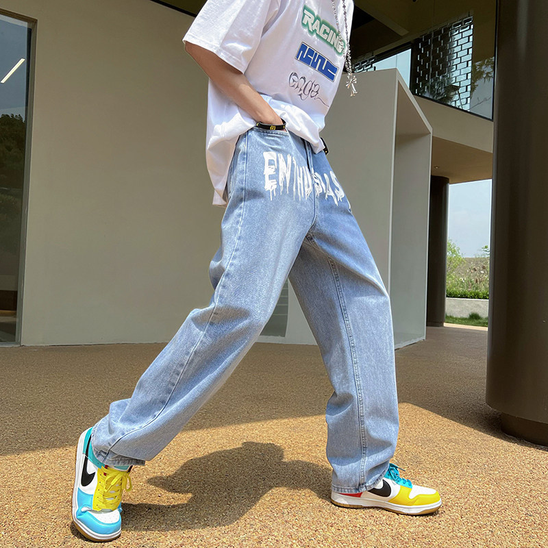 高街印花牛仔裤男坠感春夏季宽松直筒百搭拖地裤D321NK72P55,男装牛仔裤,电商D321A