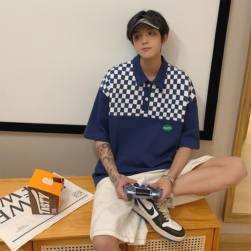D321PL605P45男士棋盘格短袖polo衫男夏季宽松休闲翻领上衣,男装Polo衫,电商D321A