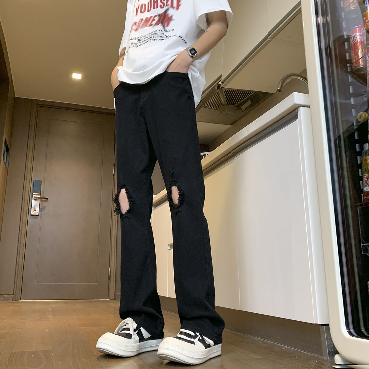 黑色显瘦微喇破洞牛仔裤男女美式vibe风-NK988-P55，男装牛仔裤，电商D321