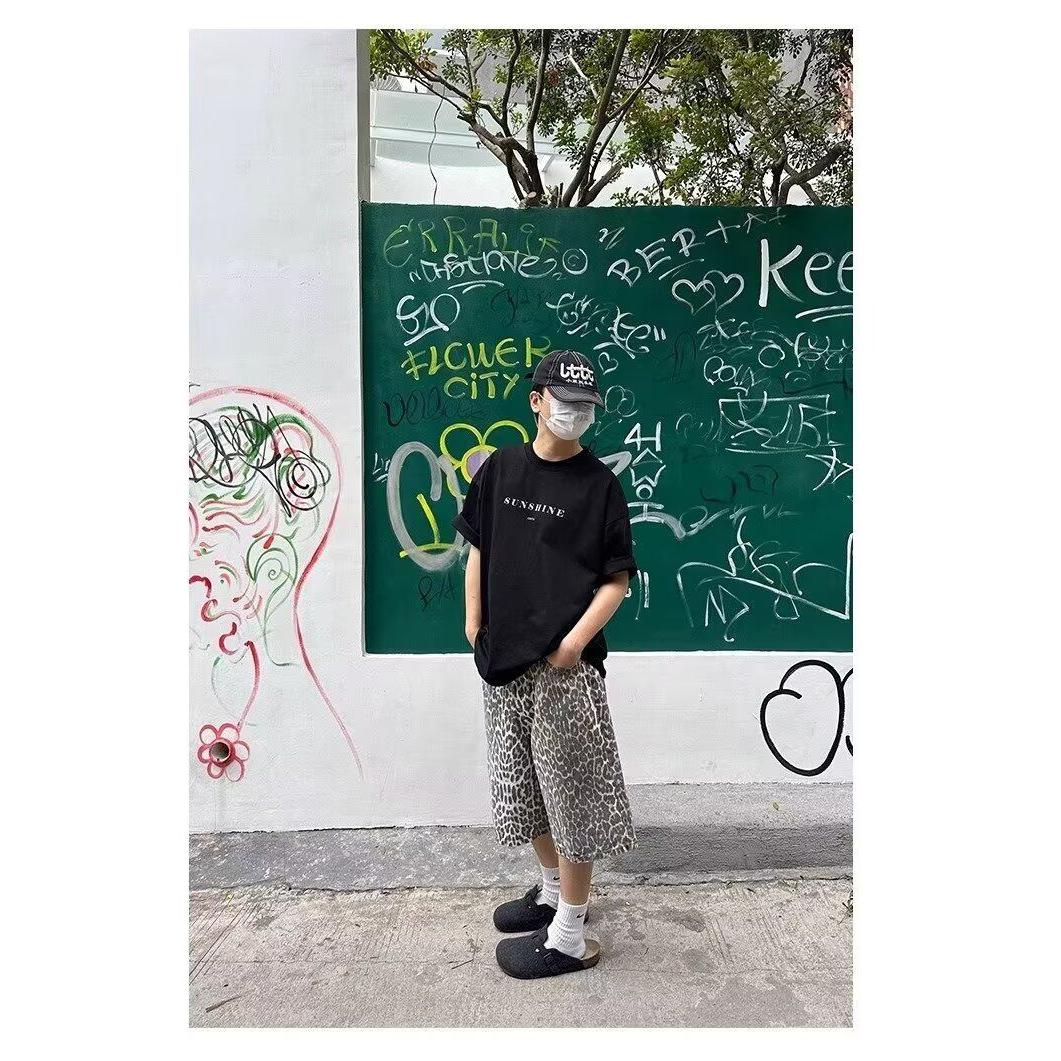 复古豹纹阔腿牛仔短裤男直筒休闲宽松五分裤D15-P45,男装牛仔裤,电商D321