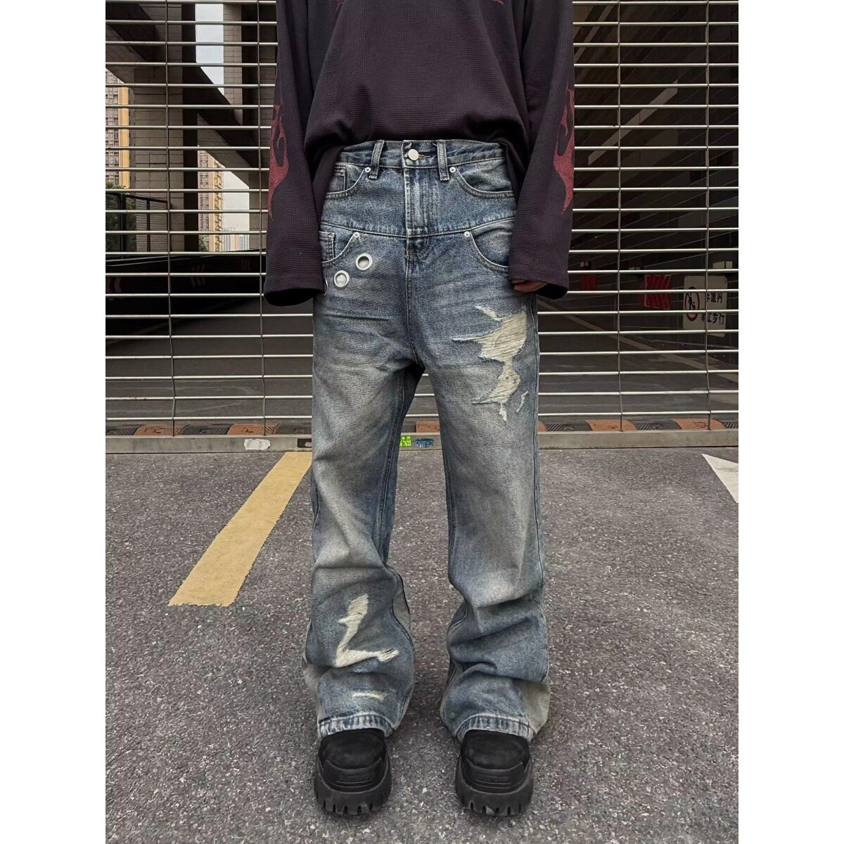 美式街头刀割环扣破洞微喇牛仔裤男女宽松长裤潮N2535-P58,男装牛仔裤,电商D321