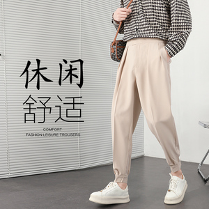 春款店主日系休闲裤男装韩版魔术贴腰垂感西裤K1068P55控78,巴宝莉斗篷风衣怎么搭配图片