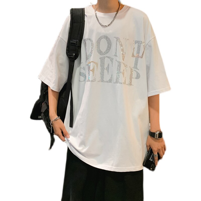 夏季短袖t恤男士港风宽松大码烫钻休闲潮流五分半袖T051P25控38,男装T恤,电商D321A