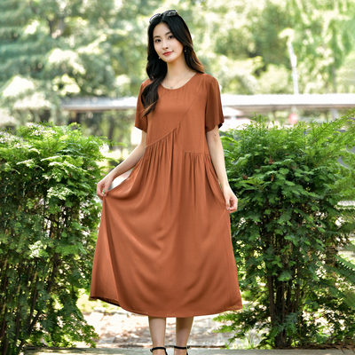 夏季新款纯色棉绸连衣裙女