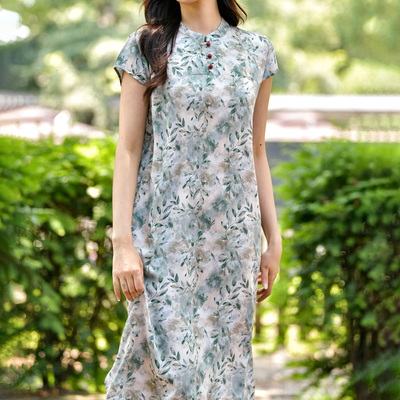 中长款改良旗袍裙子棉绸连衣裙