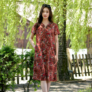 棉绸时尚连衣裙2026新款夏季女A字版洋气人造棉绵中长款显瘦裙子