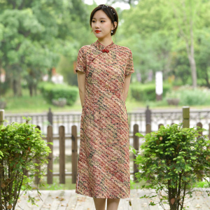 棉绸时尚旗袍连衣裙女夏中式复古中长款人造棉绵印花修身显瘦裙子