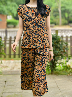 速发棉绸套装新款人休棉宽松大码外穿件闲阔腿裤中老年两造套装