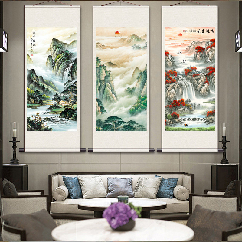 聚宝盆山水字画礼品画鸿运当头丝绸卷轴画富水常流定制玄关风水画