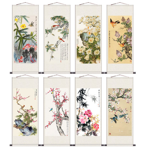 竹报平安招桃花小鸟富贵丝绸画