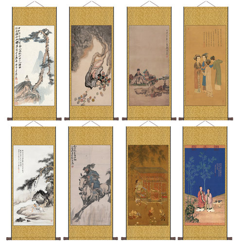仿古画名家山水人物画茶楼装饰画国画丝绸卷轴画平安春信玄关挂画