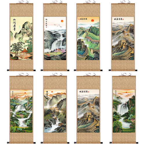聚宝盆山水画国画卷轴礼品画丝绸字画源远流长客厅挂画玄关装饰画