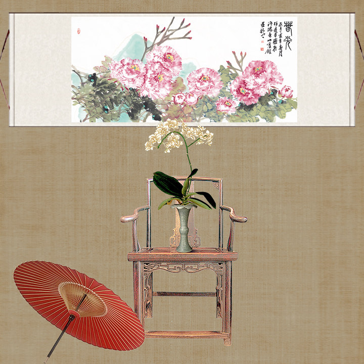 名家字画丝绸画国画国色牡丹横幅花鸟画古典装饰画茶楼挂画牡丹图