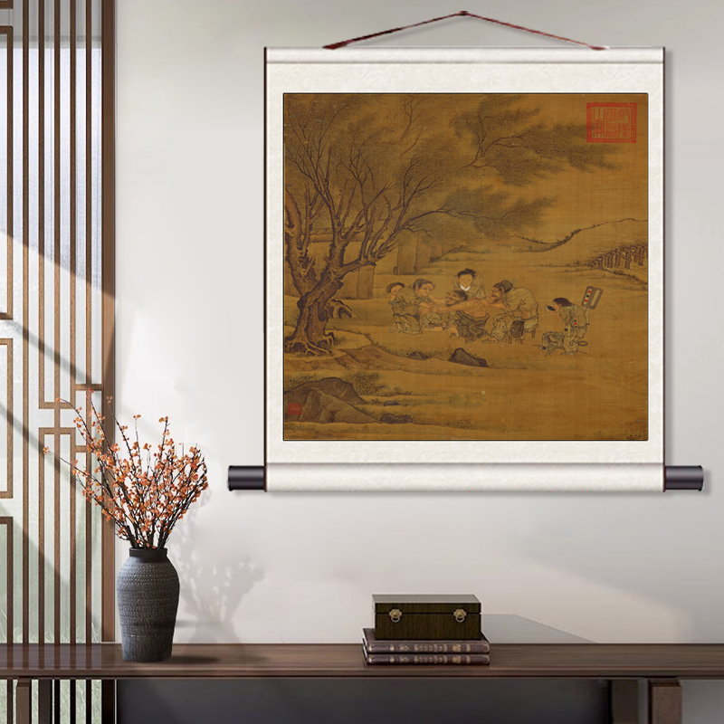 明 仇英 临溪水阁图仿古斗方字画名家字画新品卷轴画茶楼装饰玄关