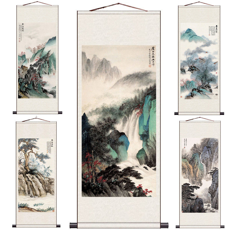 吴湖帆高山飞瀑图丝绸挂画书房装饰画山水挂画水墨画卷轴画风水画