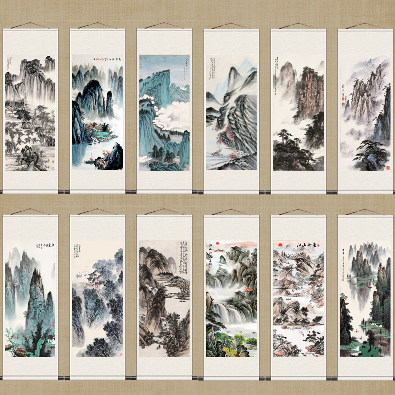 国画黄山挂画漓江山水画茶楼酒店装饰丝绸画条幅招财挂画靠山挂画,家居饰品,国画,淘宝优惠券,粉丝福利购,淘宝优惠卷