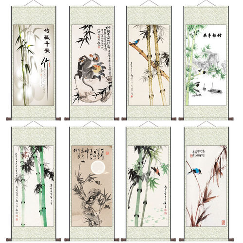 花鸟画竹子画装饰挂画丝绸猴子字画竹报平安宣纸画茶楼仿古卷轴画