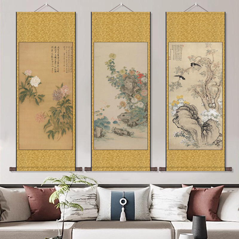 名家花鸟画仿古字画办公室挂画酒店茶楼壁画天女散花丝绸卷轴定制