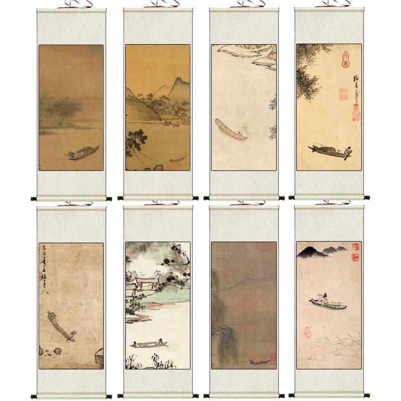 仿古泛舟图名家字画国画书房挂画茶楼走廊酒店装饰山水画丝绸卷轴
