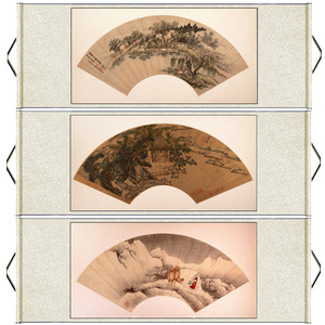 仿古扇面人物挂画横幅装饰画丝绸卷轴画国画茶楼壁画定制镜片礼品