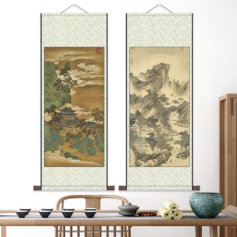 仿古山水画名家字画卷轴画挂画客户礼品丝绸画宋代装饰画仙山楼阁