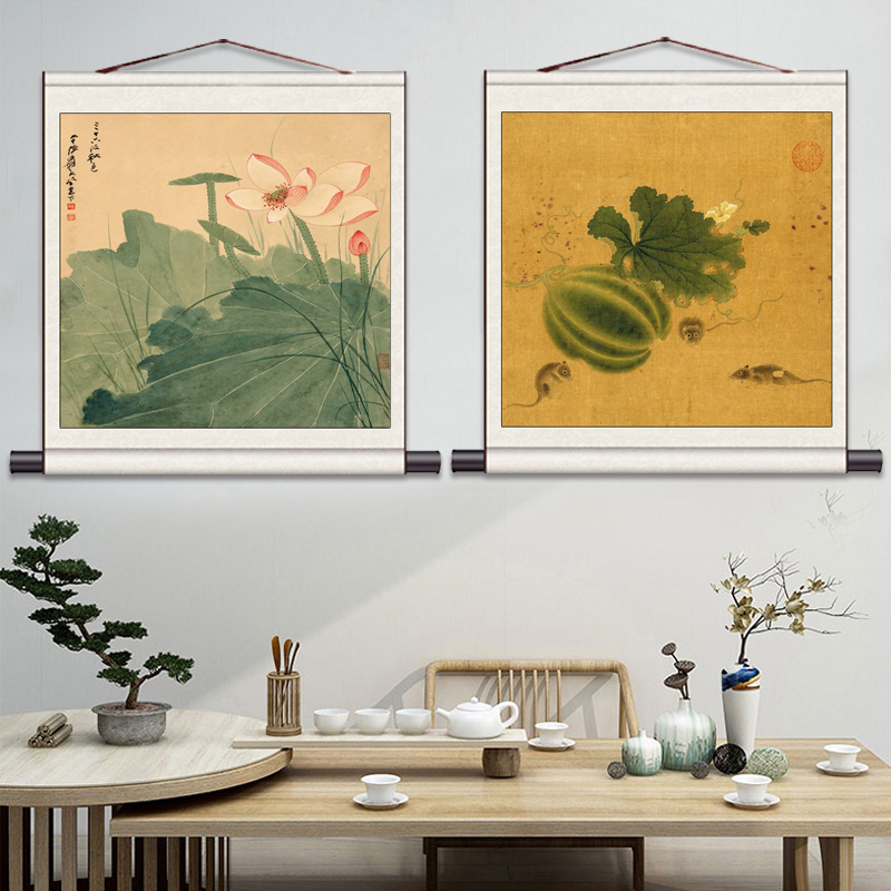 仿古斗方花鸟画清雅荷花丝绸画挂画卷轴画客厅卧室装饰画酒店壁画