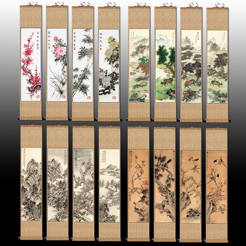 细长四条屏名家花鸟山水字画壁画春夏秋冬酒店壁画四大美女牧牛图